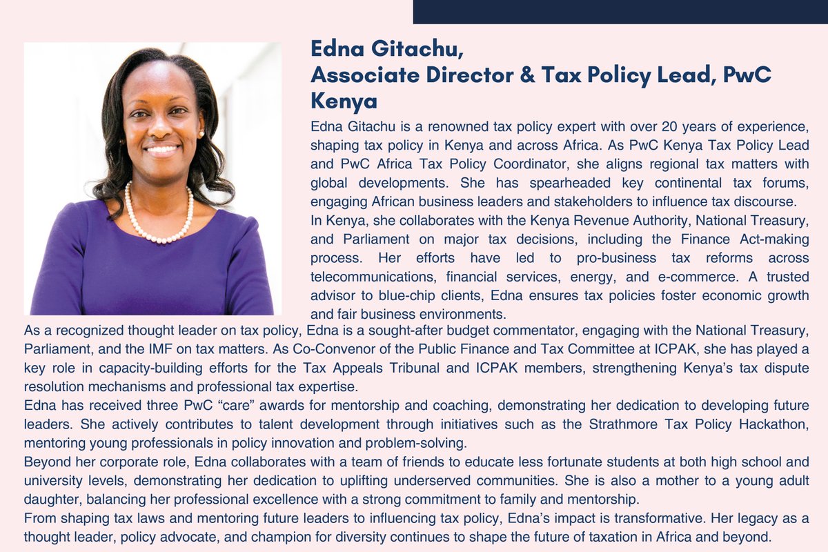 PwC_KE's tweet image. Exciting News!
Our very own Edna Gitachu, Associate Director and Tax Policy Lead at PwC Kenya, has been feted in the BCCK Women in Leadership 2025 Feature! 

Read more in the BCCK magazine here : ow.ly/aGRO50VkFlr

#womeninleadership #taxpolicy #positiveimpact #legacy