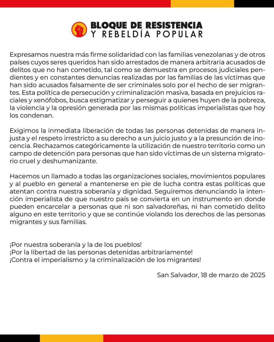 Bloque_RP's tweet photo. Comunicado del BRP para rechazar la criminalización y la violación de la soberanía salvadoreña por parte de Trump y Bukele 📣 https://t.co/1YD7BTLvi4