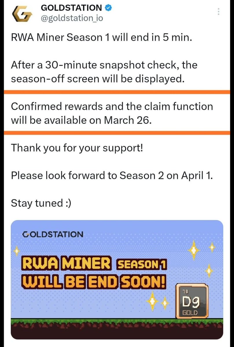 Airdrop_Info_'s tweet photo. #Update #GOLDSTATION Mining ⛏️ 

S1 End ⛔️

✅Claim 26th March!

#Source https://t.co/cpM7ggQFPy https://t.co/QOceMHJ25f