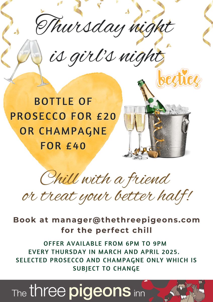 Thursday night is girls' night at The Three Pigeons Inn! 🥂 Grab your besties and enjoy a bottle of Prosecco for £20 or Champagne for £40. 

Perfect for a chill catch-up!

📍 3 Southam Road, Banbury, Oxfordshire