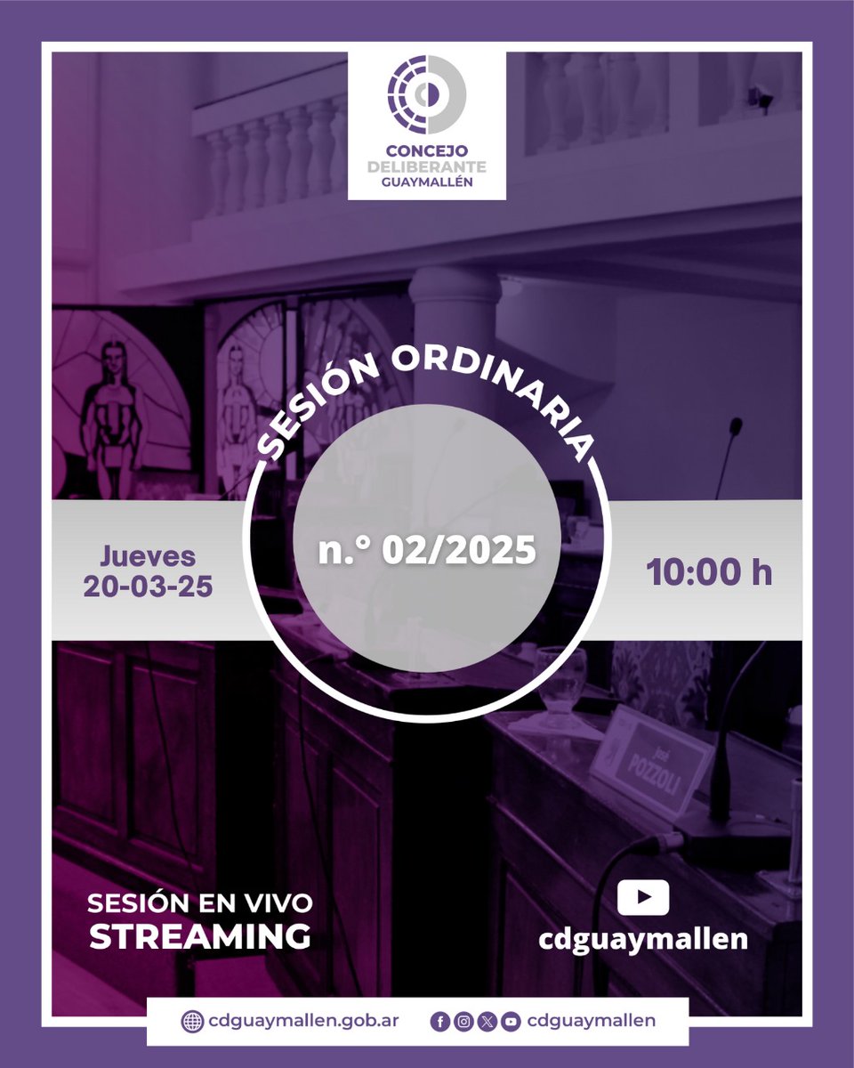 🏛 Este jueves 20 de marzo, a las 10 h, tendremos la Sesión Ordinaria n.° 02/2025. 

👉 La actividad se desarrollará en el recinto del HCD y podrá seguirse en vivo por nuestro canal de YouTube. 

ℹ️ La información estará disponible en cdguaymallen.gob.ar