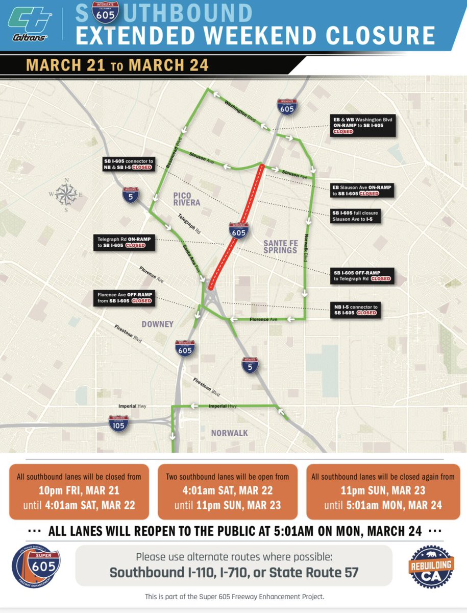 Southbound I-605 Extended Weekend Lane Closures Scheduled Friday, March 21 to Monday, March 24