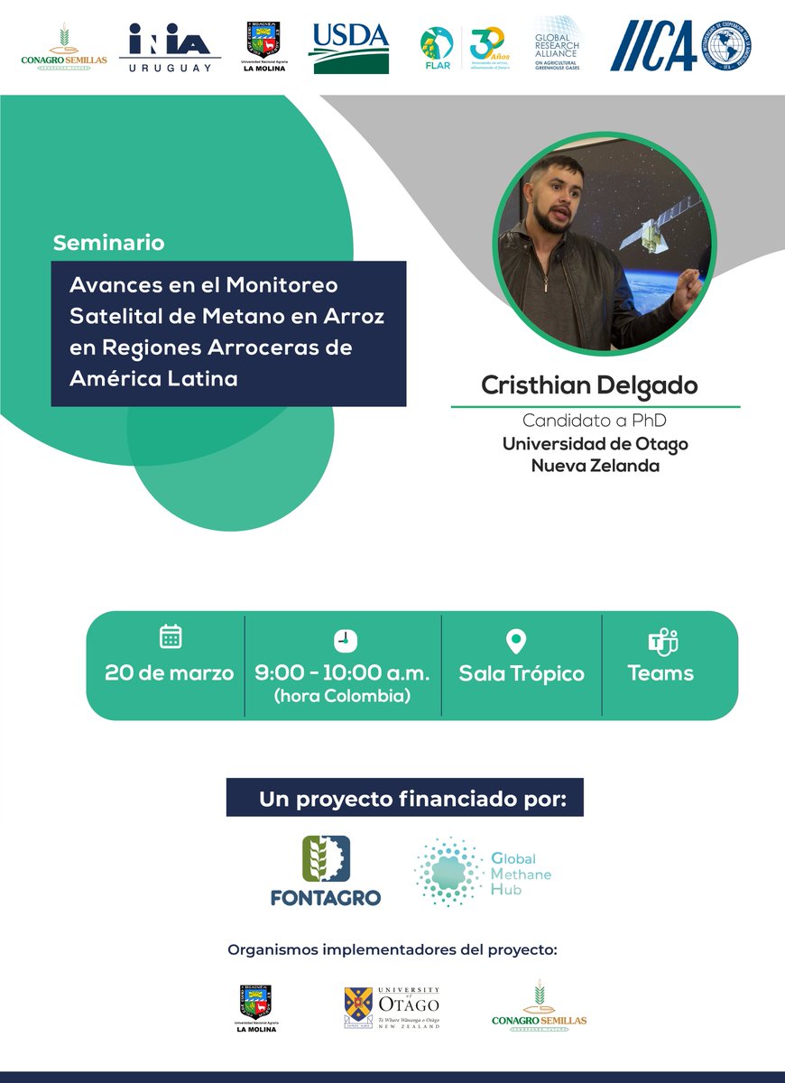 #Prográmate | Únete mañana al seminario sobre "Avances en el Monitoreo Satelital de Metano en #Arroz en Regiones Arroceras de América Latina" 
🗓️20 de marzo
🕘9:00 a.m. (hora Colombia🇨🇴)
🔗Vía Teams: acortar.link/qIy2T3