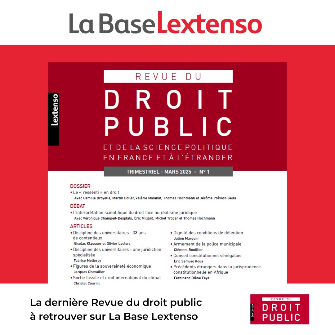 Lextenso_ed's tweet image. REVUE DROIT PUBLIC 📰| La dernière Revue du Droit Public est sortie ! Découvrez le sommaire➡️labase-lextenso.fr/revue/RDP/2025…

🟢Un dossier sur «Le ressenti en droit» ;
🟢Un débat sur «L'interprétation scientifique du droit face au réalisme juridique» 

🙏Merci aux contributeurs ! @LMGR02