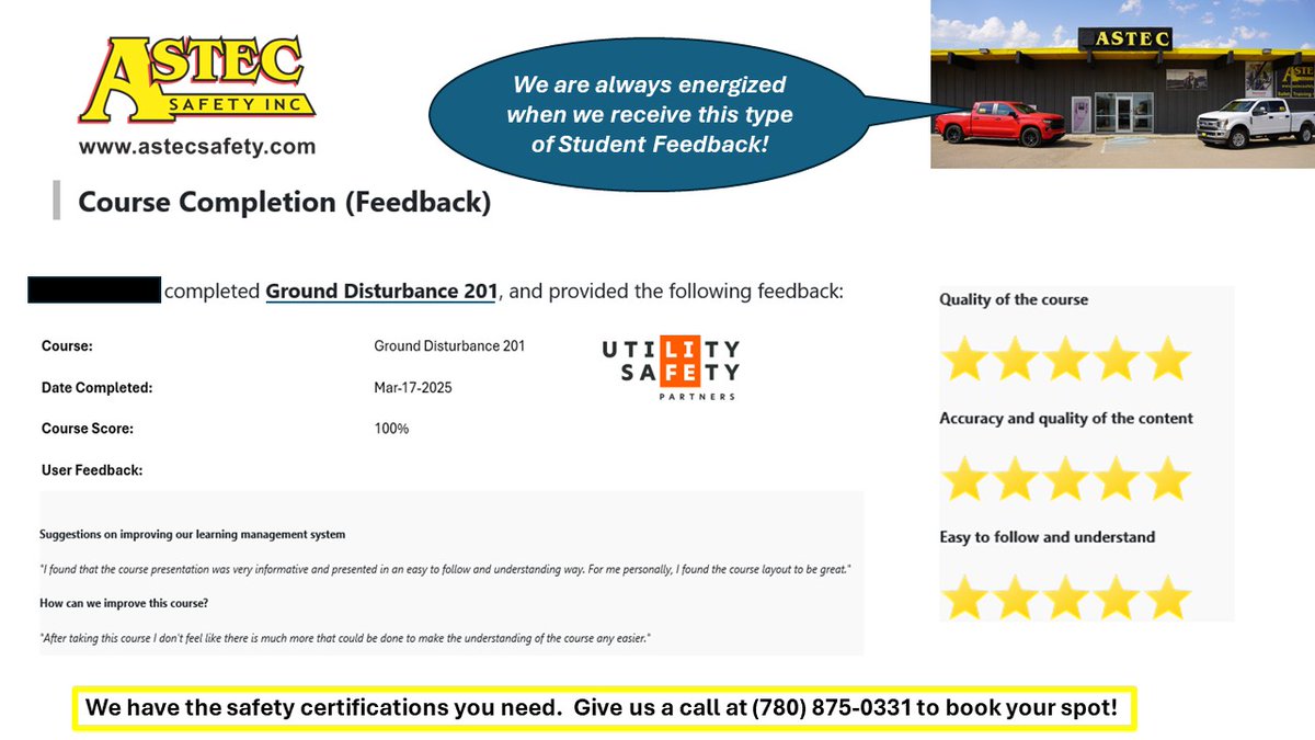 ASTECSAFETY's tweet image. Great student feedback about our @Utility_Safety  Endorsed Ground Disturbance 201 (Supervisor Level) Online Course. Always a super way to end the day with FIVE STAR ratings! #safetytraining #yll #provost #bonnyville