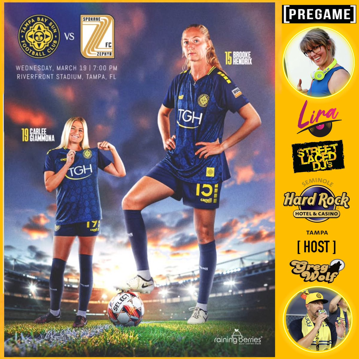 Rise &amp; Grind, #Sunchasers☀️
It’s #MatchDay! Meet me &amp; <a href="/prosportsdjs/">Sean Bovelsky DJ Bolt</a>, <a href="/StreetLacedDJs/">Street Laced DJs</a>, <a href="/SHRTampa/">Seminole Hard Rock Tampa</a> &amp; The HeatWave at Riverfront Stadium tonight as our <a href="/TampaBaySunFC/">Tampa Bay Sun FC</a> look for back-to-back DUBS as they take on <a href="/FTLUTD/">Fort Lauderdale United FC</a>, 7p for PRIDE🌈NIGHT! Dance party w/<a href="/soletampabay/">Solé 💅</a> on deck! #GoSun