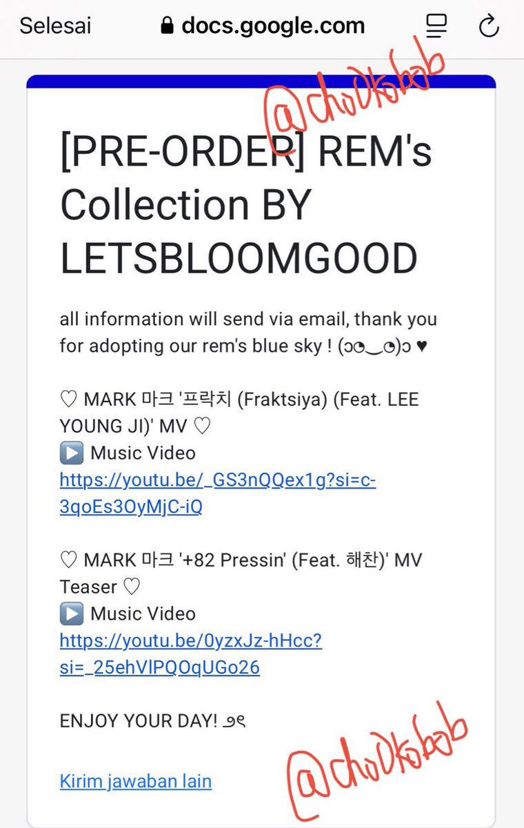 +82 Pressin’ giveaway !!!!!

🌟stafish REM (1)
🌟saldo spay 10k (1)

rules:
❤️‍🩹 like + rt
❤️‍🩹 drop proof streaming +82 Pressin’ with tags;
MARK HAECHAN +82 PRESSIN
#MARK_82Pressin
#MarkftHaechan
#마크랑_해찬이랑_82pressin 

goodluck!