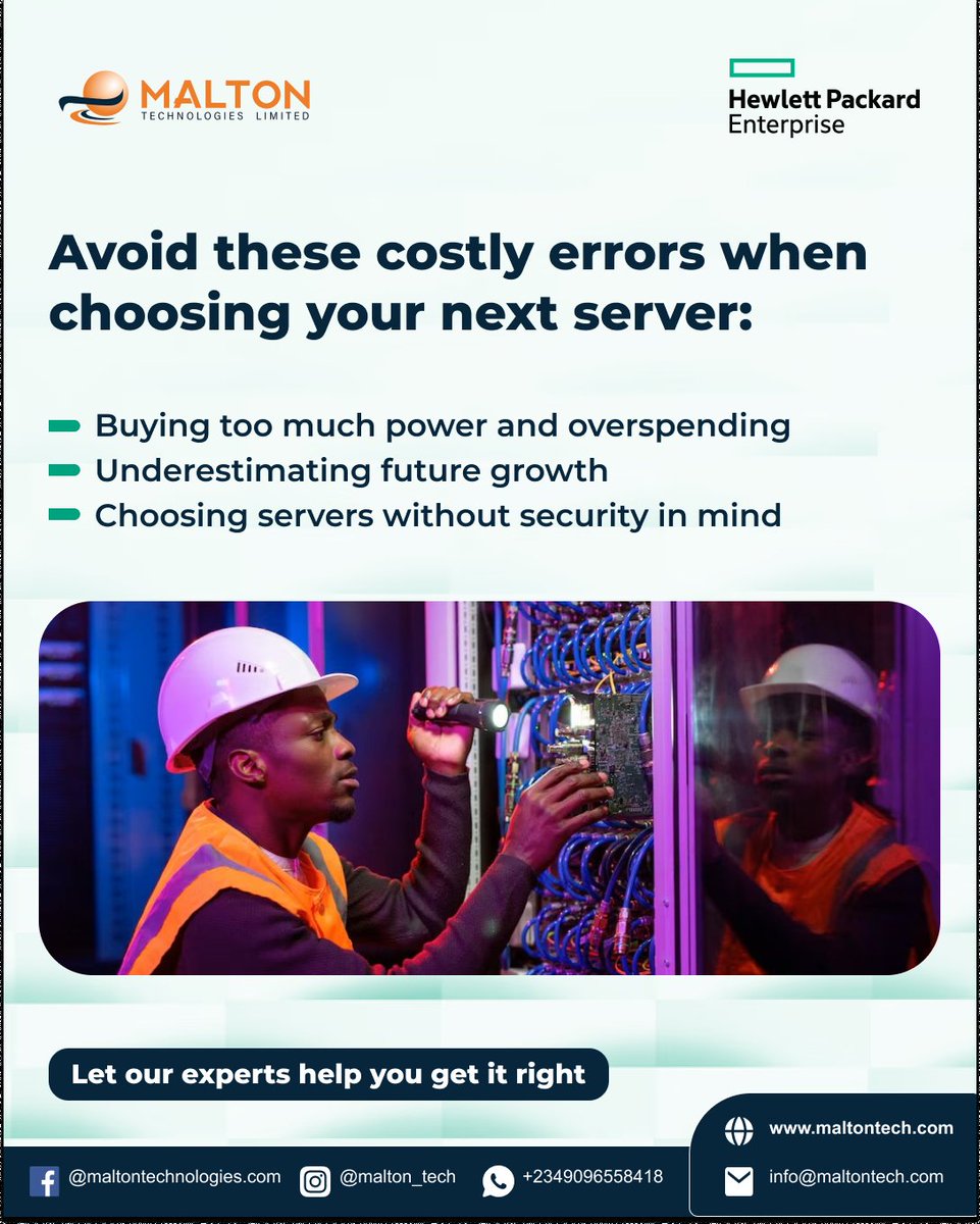 MaltonTech's tweet photo. Choosing the right server is crucial for your business!
Avoid costly mistakes like overspending on power, underestimating future growth, and neglecting security. Let our experts guide you in making the best choice for your needs.

Contact us today! 
#HPEservers https://t.co/9WKRLBibhQ