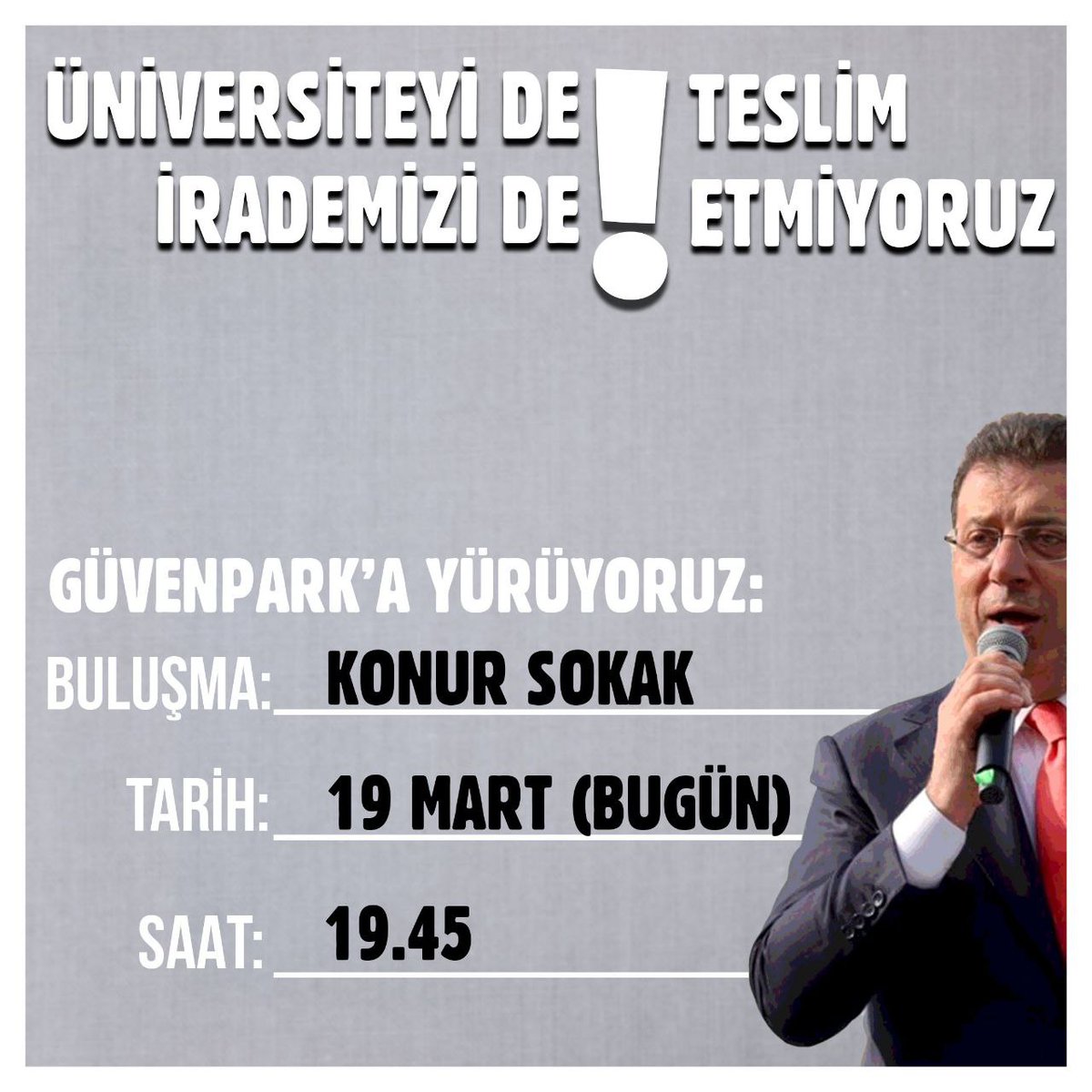 🔻Ankara

Üniversiteliler olarak halkın iradesinin gasp edilmesine ve üniversitenin iktidarın arka bahçesi olarak kullanılmasına karşı bir araya geliyoruz.

📍Konur Sokak
🗓19 Mart Çarşamba(Bugün)
⏰️19.45