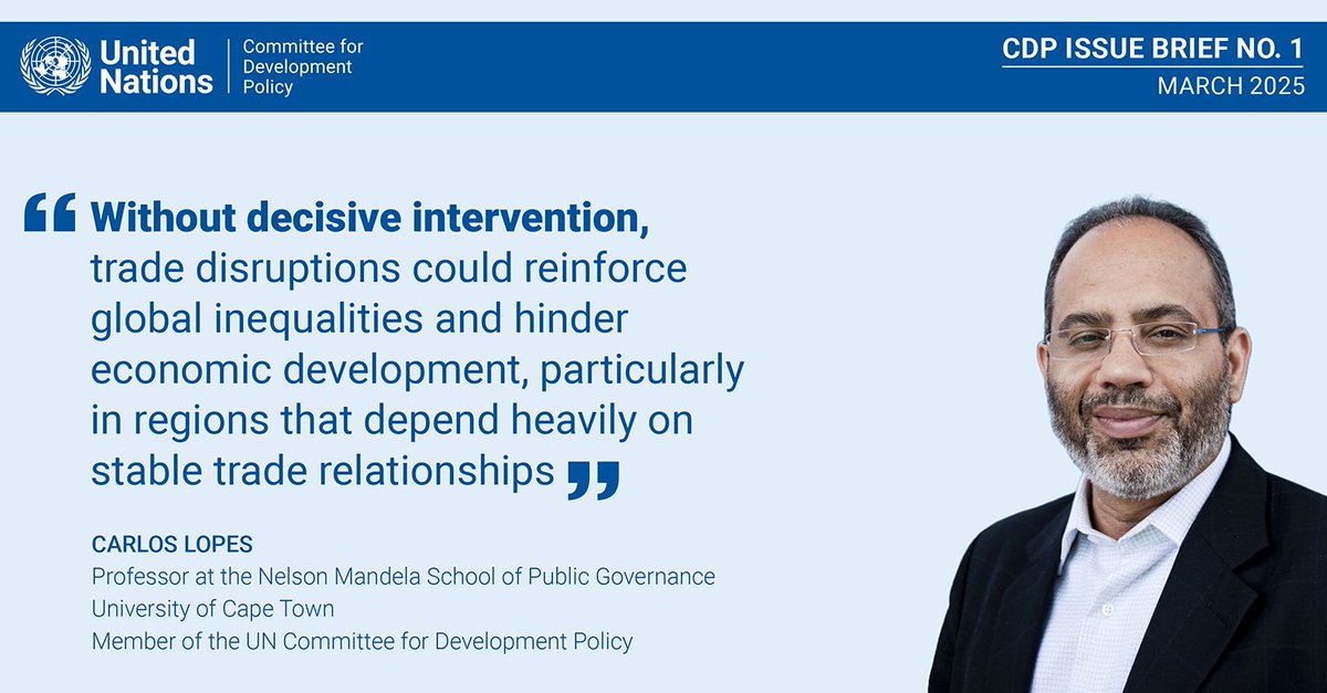 UNDevelopPolicy's tweet image. In the first of the #UNCDP Issue Briefs, CDP member Carlos Lopes @LopesInsights reflects on the challenges to #GlobalTrade growth in 2025.   

Learn more at bit.ly/UNCDP_IssueBri…