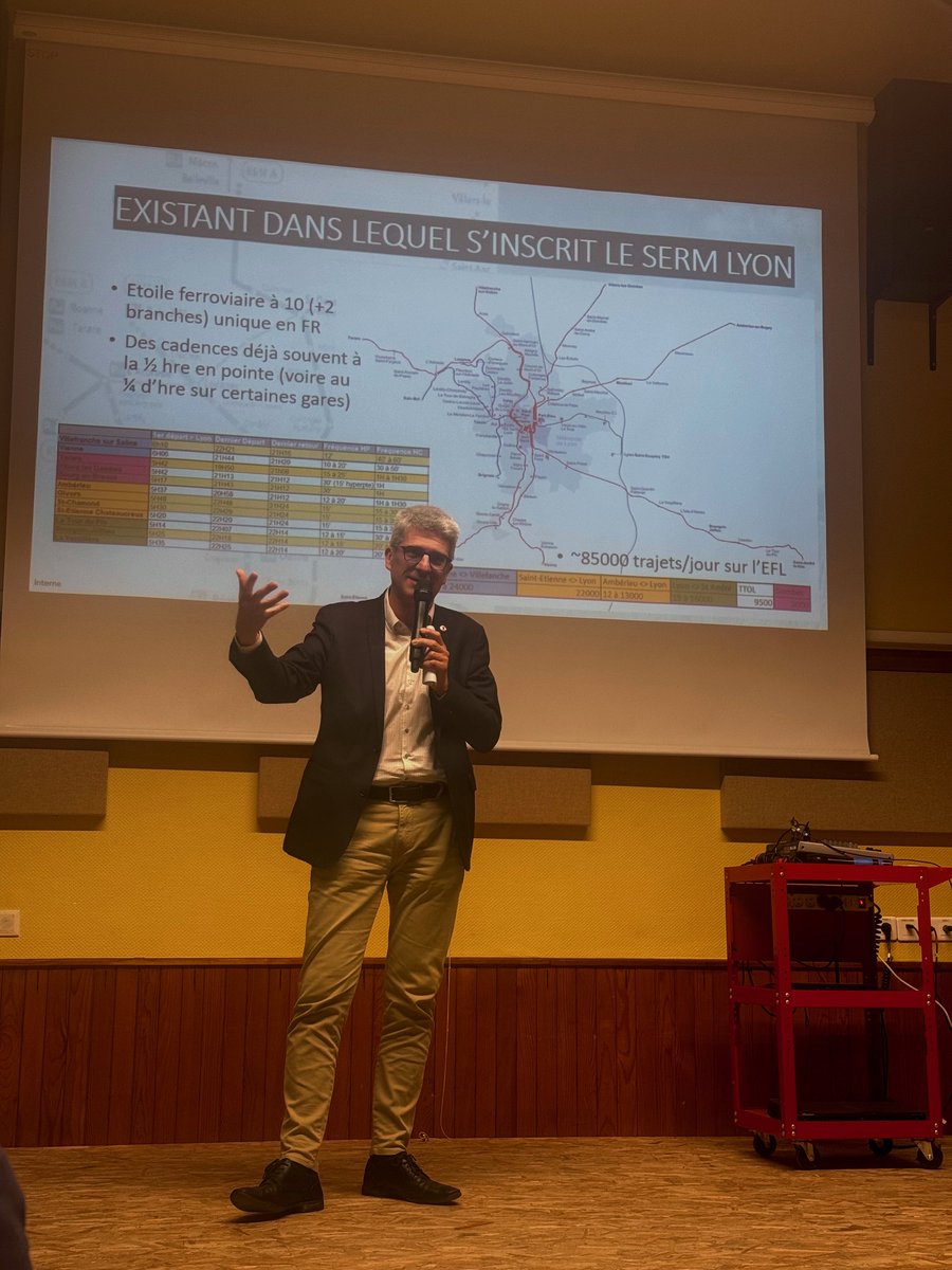 ChGeourjon's tweet photo. 🚆 🚌 🚲 Merci à l’association #LyonMétro et à l’#UCIL pour l’organisation lundi soir d'une réunion publique sur le thème du #SERM (Service Express Régional et Métropolitain) Lyonnais. Merci également aux autres intervenants (Jean-Marc Zulesi, François de Fleurian, Etienne Faugier, Thibaut Descroux, Jean-Charles Kohlhass) ainsi qu'à la centaine de participants pour la diversité des questions et la richesse des échanges.
Ce fut l’occasion pour moi de rappeler que les #SERM doivent apporter une réponse multimodale, concrète, aux déplacements du quotidien, à l’échelle de l’aire métropolitaine lyonnaise (de #Mâcon, #Villefranche à #Vienne, de #Bourg-en-Bresse, #Isle-d’Abeau à #Saint-Étienne). Une solution de mobilité répondant à la fois aux enjeux d’aménagement du territoire et de réchauffement climatique (décarbonation de nos déplacements).
Le projet de SERM lyonnais s’inscrit dans un engagement constant de la Région @auvergnerhalpes, et de @Aguilera_Fred, vice-président délégué aux mobilités depuis 2021, en faveur du renforcement de l’offre ferroviaire mais aussi de l’offre des cars régionaux - @julienvuillema1 .
En 2024, les six avant-projets de #SERM déposés par la Région @auvergnerhalpes ont été labellisés par l’État (soit le quart des projets nationaux). Nous avons maintenant un an pour construire un projet détaillé (offre de service, billettique, intermodalité avec les réseaux urbains, financement, gouvernance, etc.).
✅ Depuis 2015, le plan de mobilisation a permis de mener 32 opérations pour un budget global de 500 M€ (création des voies J et K à Perrache, de la voie L à la gare de la Part-Dieu, de la voie B à Vénissieux, suppression de plusieurs passages à niveau, agrandissement de la gare de la Part-Dieu, allongement de quais dans certaines gares, …). Cette mobilisation a permis d'améliorer la ponctualité des trains (passage de 87 % à 92 %).
✅ Parallèlement, des investissements importants ont été réalisés dans le matériel roulant, avec la livraison de 10 rames Région2N en 2024, de 3 rames à hydrogène en 2026, ainsi que de 9 rames Région2N supplémentaires et, en 2027, la livraison de 10 nouvelles rames.
✅ La région a lancé deux projets structurants : le #BHNS (Bus à Haut Niveau de Services) Lyon-Trévoux et le tram-train Lyon-Crémieux via Meyzieu.
✅ Début 2027, le projet de #RER de niveau 1 devrait permettre d’ajouter 80 trains par jour au niveau de l’étoile ferroviaire lyonnaise, soit une augmentation de 20 % de l’offre.
✅ Enfin, le programme Cap sur 2035, qui a pour ambition de provoquer un choc d’offre (+30 % de voyageurs, passant de 220 000 à 300 000 voyageurs par jour), prévoit un investissement massif aussi bien dans le matériel (3,1 Md€) que dans les infrastructures (2,7 Md€).