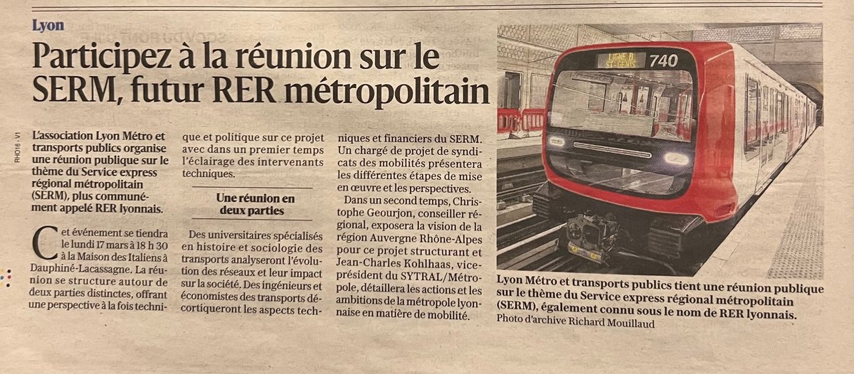ChGeourjon's tweet photo. 🚆 🚌 🚲 Merci à l’association #LyonMétro et à l’#UCIL pour l’organisation lundi soir d'une réunion publique sur le thème du #SERM (Service Express Régional et Métropolitain) Lyonnais. Merci également aux autres intervenants (Jean-Marc Zulesi, François de Fleurian, Etienne Faugier, Thibaut Descroux, Jean-Charles Kohlhass) ainsi qu'à la centaine de participants pour la diversité des questions et la richesse des échanges.
Ce fut l’occasion pour moi de rappeler que les #SERM doivent apporter une réponse multimodale, concrète, aux déplacements du quotidien, à l’échelle de l’aire métropolitaine lyonnaise (de #Mâcon, #Villefranche à #Vienne, de #Bourg-en-Bresse, #Isle-d’Abeau à #Saint-Étienne). Une solution de mobilité répondant à la fois aux enjeux d’aménagement du territoire et de réchauffement climatique (décarbonation de nos déplacements).
Le projet de SERM lyonnais s’inscrit dans un engagement constant de la Région @auvergnerhalpes, et de @Aguilera_Fred, vice-président délégué aux mobilités depuis 2021, en faveur du renforcement de l’offre ferroviaire mais aussi de l’offre des cars régionaux - @julienvuillema1 .
En 2024, les six avant-projets de #SERM déposés par la Région @auvergnerhalpes ont été labellisés par l’État (soit le quart des projets nationaux). Nous avons maintenant un an pour construire un projet détaillé (offre de service, billettique, intermodalité avec les réseaux urbains, financement, gouvernance, etc.).
✅ Depuis 2015, le plan de mobilisation a permis de mener 32 opérations pour un budget global de 500 M€ (création des voies J et K à Perrache, de la voie L à la gare de la Part-Dieu, de la voie B à Vénissieux, suppression de plusieurs passages à niveau, agrandissement de la gare de la Part-Dieu, allongement de quais dans certaines gares, …). Cette mobilisation a permis d'améliorer la ponctualité des trains (passage de 87 % à 92 %).
✅ Parallèlement, des investissements importants ont été réalisés dans le matériel roulant, avec la livraison de 10 rames Région2N en 2024, de 3 rames à hydrogène en 2026, ainsi que de 9 rames Région2N supplémentaires et, en 2027, la livraison de 10 nouvelles rames.
✅ La région a lancé deux projets structurants : le #BHNS (Bus à Haut Niveau de Services) Lyon-Trévoux et le tram-train Lyon-Crémieux via Meyzieu.
✅ Début 2027, le projet de #RER de niveau 1 devrait permettre d’ajouter 80 trains par jour au niveau de l’étoile ferroviaire lyonnaise, soit une augmentation de 20 % de l’offre.
✅ Enfin, le programme Cap sur 2035, qui a pour ambition de provoquer un choc d’offre (+30 % de voyageurs, passant de 220 000 à 300 000 voyageurs par jour), prévoit un investissement massif aussi bien dans le matériel (3,1 Md€) que dans les infrastructures (2,7 Md€).