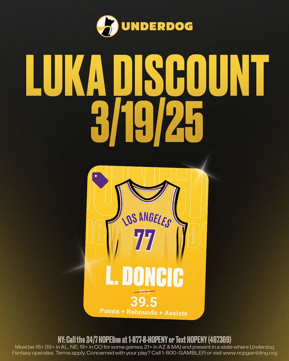 Underdog's tweet photo. 🚨 LUKA DONCIC DISCOUNT 🚨

Luka has cashed each of his last 8 PRA Discounts - can he make it 9 tonight? ✅

Click the link below to claim today's Luka promo 👇
https://t.co/9AI7wE4m97