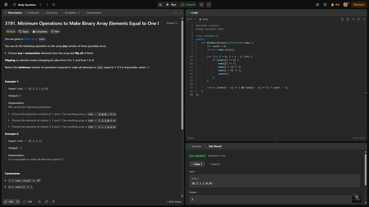 RoY_015__'s tweet photo. Day 415: Minimum Operations to Make Binary Array Elements Equal to One I

Given a binary array nums. Return the minimum number of operations required to make all elements in nums equal to 1. If it is impossible, return -1.

#leetcode #400DaysOfCode #VIT https://t.co/tpRo3EfWQb