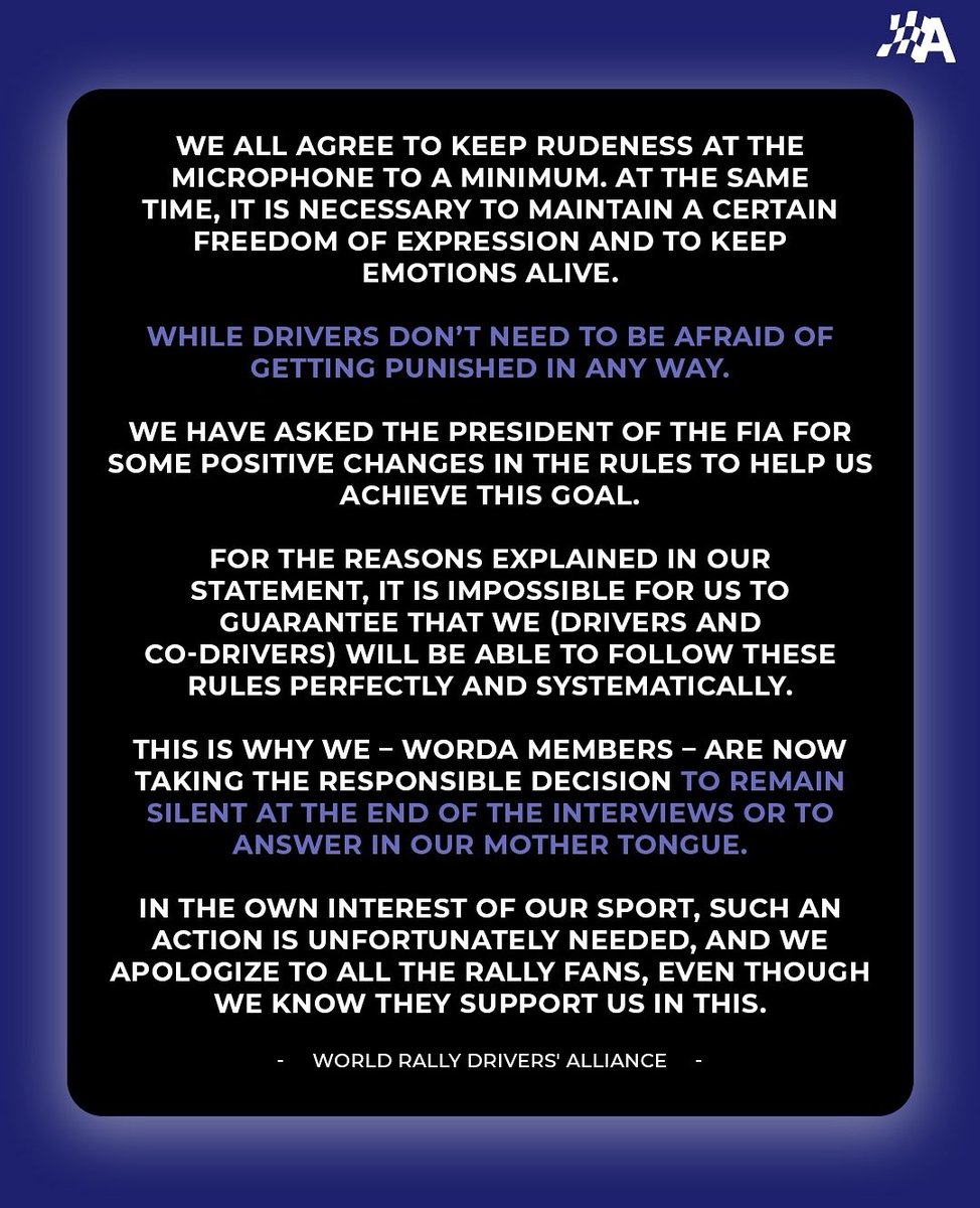 CarolinaTretoa's tweet image. LOS PILOTOS DE RALLY EN HUELGA😳

Con la nueva regla de la FIA acerca de las maldiciones y malas palabras, los pilotos de rally decidieron mantenerse en silencio en las entrevistas o solo contestar en su lengua materna.

QUE FUERTEEE. Este sindicato si está trabajando