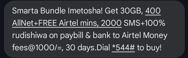 Singah_A's tweet photo. Dear @AIRTEL_KE, as a loyal customer and on behalf of a million+ others, we don't need 1000SMS! We would prefer you reduce the 1000SMSs to say 200SMS and increase the AllNet minutes.

Thank you very important 😊 https://t.co/VDkopfFTxy
