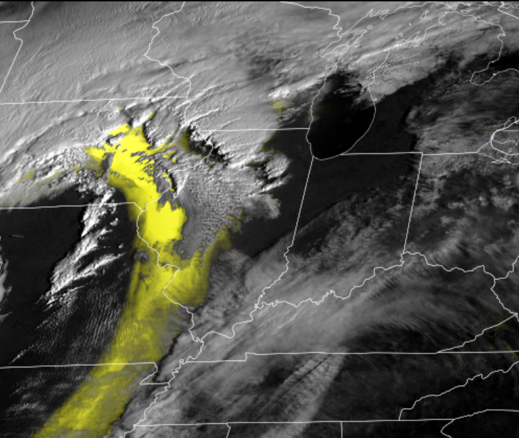 MaxVelocityWX's tweet photo. This huge plume of dust might throw a corkscrew into today's forecast. It could both increase and decrease the risk of severe weather, depending on a bunch of other factors.

It could lead to less instability this afternoon, limiting the severe weather threat, in addition to less moisture in the low-mid levels. However, it could create increased lift and steeper lapse rates. If that happens, the threat of severe weather would remain more significant.

What will happen? Hard to tell right now, but obviously if you're in Illinois/Iowa/Indiana/Ohio/Michigan, stay alert this afternoon. Dew points so far are slightly lower than models have displayed, but that could always change by lunchtime.