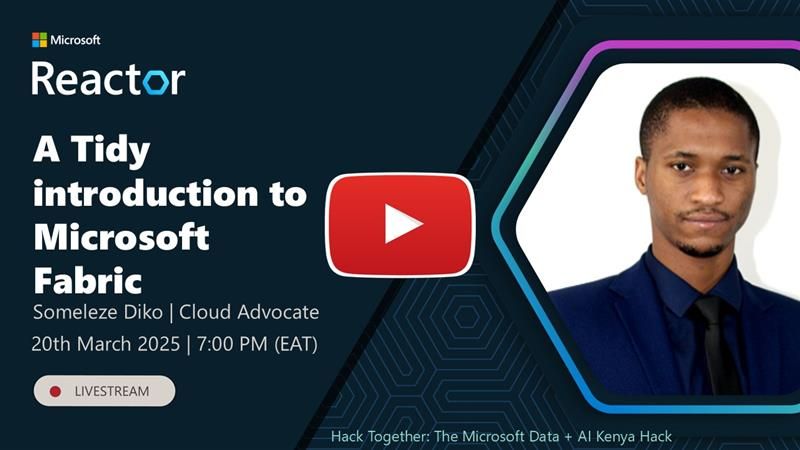 A tidy intro to #MicrosoftFabric! 📊 

Cloud Advocate, <a href="/DikoSomeleze/">Someleze Diko</a> shares how this AI-powered analytics platform unifies your data and services for more value, on the upcoming livestream of the Microsoft Data + AI hackathon.

➡️  buff.ly/kx3Dfuq 

#MicrosoftAISkills