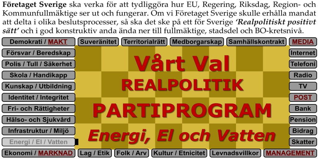 FSredaktionen's tweet photo. Sveriges Politiker ägnar sig mer åt att korrupt sälja ut Sveriges tillgångar som Energi, El och Vatten till Globalister och EU, än att tillgodose sitt eget Folk och våra inhemska Svenska Företagares behov.  https://t.co/cWgunl8f4x #valet2026 #bostad #bopol #svpol #svpolitik
Avgörande för alla Nationer och Samhällen är inte bara ’tillgång’ till Energi, El och Vatten, utan också att den är lönsamt billig, vilket kräver kontroll och kvalitetssäkring, vilket här då också kräver, att Sveriges Suveränitet och Territorialrätt är intakt utan inblandning av annan Makt!
Realpolitik menar att Sverige, ’ytterst och ensamt’ ska äga rätten att förhandla om avtal som har med Sveriges Drift, Beredskap, Säkerhet och ytterst 'Existens' att göra.
Företaget Sverige avser omförhandla, överta eller helt avsluta alla korrupta avtal som missgynnar oss Folket!