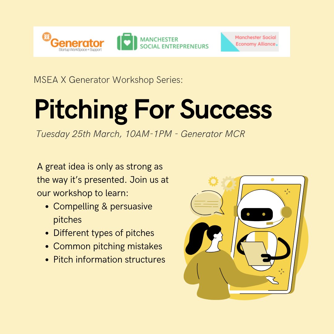 🚀 Announcing our fourth AND FINAL workshop in the series: 'From Ideas to Impactful Ventures!'

'Pitching For Success' will take place on Tuesday 25th March 10AM-1PM at the Generator MCR.

Find out more &amp; register for our forth and final workshop here:
eventbrite.co.uk/e/from-ideas-t…