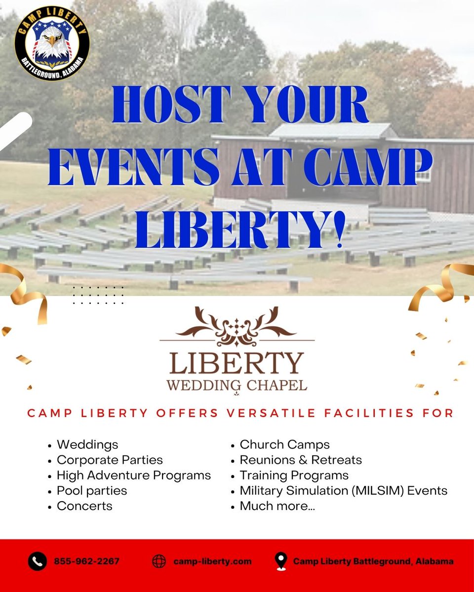 XMCCAMP's tweet photo. 🎉 Host Your Event at Camp Liberty! 🏕️✨
From weddings to corporate parties, concerts, retreats, MILSIM events, and more, Camp Liberty offers the perfect venue for any occasion! 🌿🎶💍
📍 Camp Liberty, Battleground, Alabama https://t.co/zJN6r4UGDC