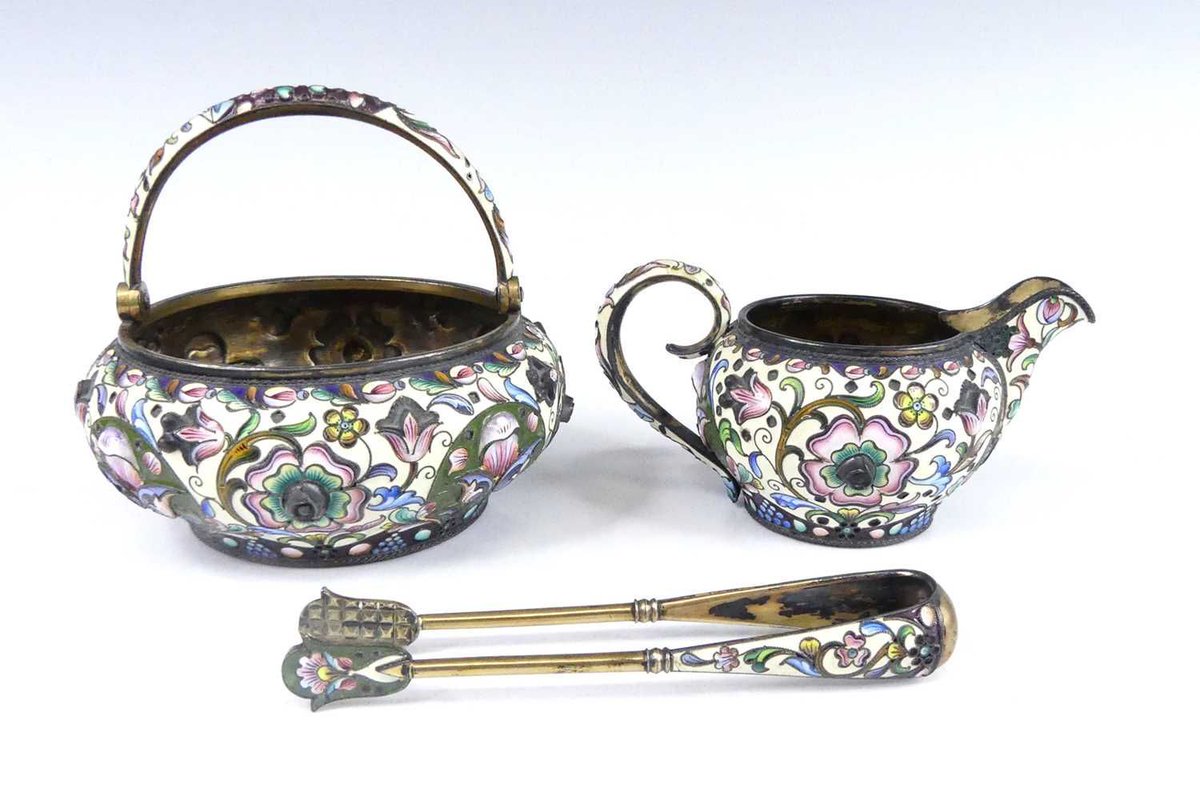 LacyScottKnight's tweet image. This lovely early 20th century Russian silver-gilt and cloisonne enamelled tea trio coming up in Saturday's auction bears the mark of female Moscow silversmith Maria Semenova bit.ly/3XZiyUS