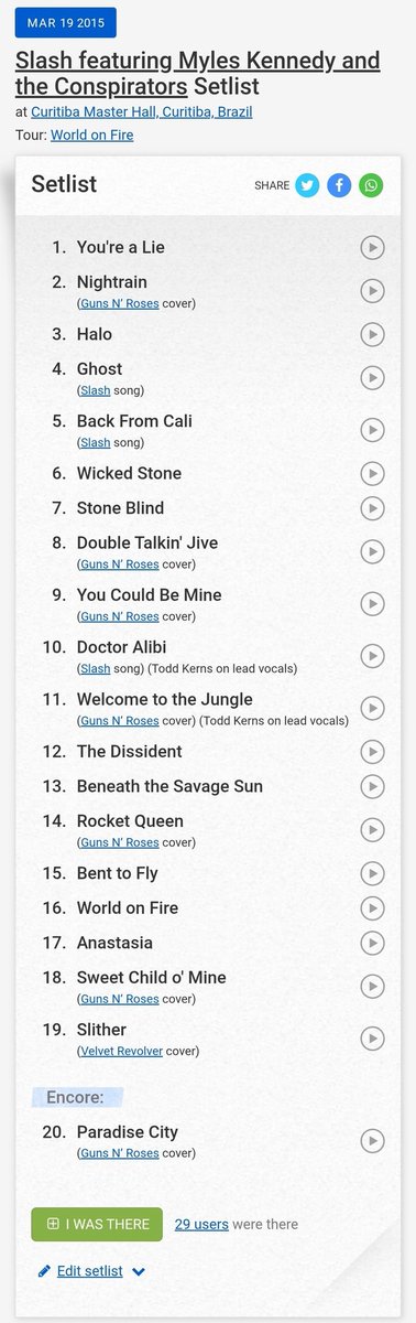 SlashSaoPaulo's tweet photo. #OnThisDay 10 years ago #SKMC played live at Master Hall, Curitiba, Brasil π§π·, for the World On Fire Tour π₯π₯π₯π₯π₯π₯
Here's the "Stone Blind" performance and the night's setlist π©π€
Who was there?
π₯: owner
@Slash #Slash #StoneBlind #WorldOnFire #CWB #Brasil #SetlistFM https://t.co/lDm7kk2l4E