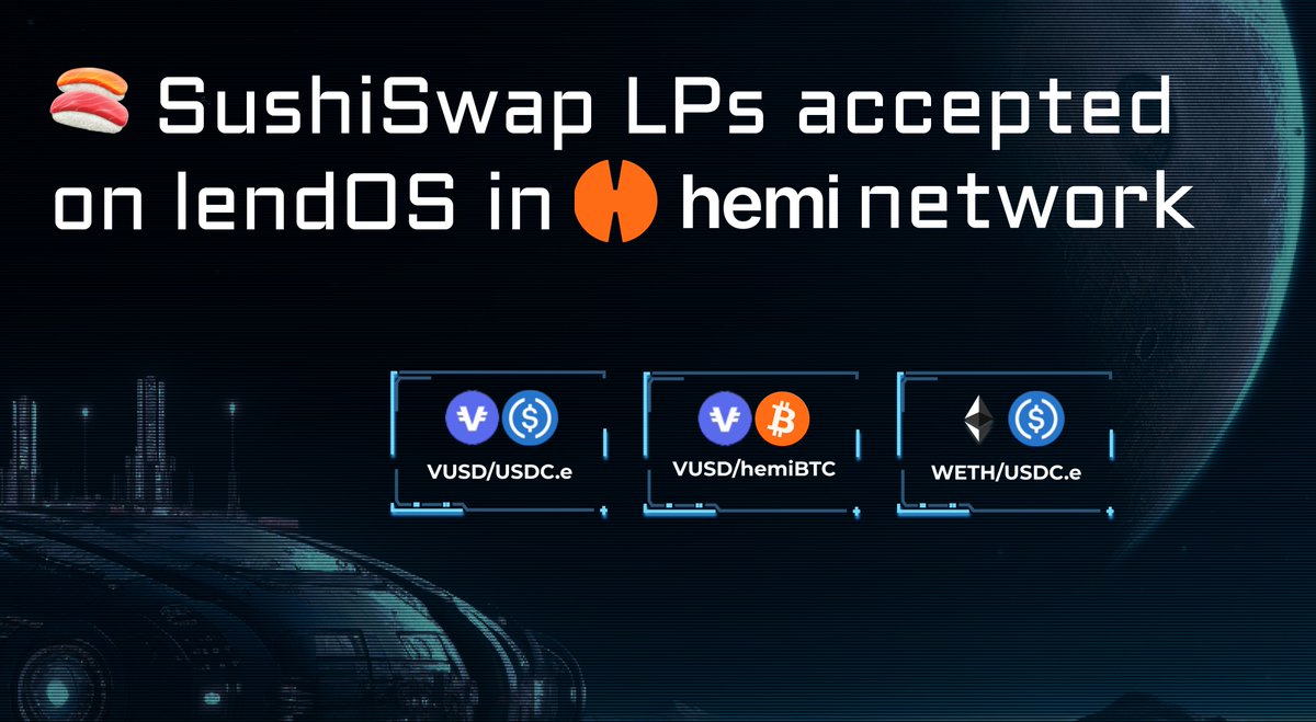 🍣 lendOS now supports <a href="/SushiSwap/">Sushi.com</a> V2 LP tokens as collateral from first three pools:

VUSD/USDC.e
VUSD/hemiBTC
WETH/USDC.e

Supply your LP tokens and borrow popular assets on lendOS at <a href="/hemi_xyz/">Hemi</a> network.

Start leveraging your liquidity today 👉 app.lendos.org/dex-lp/