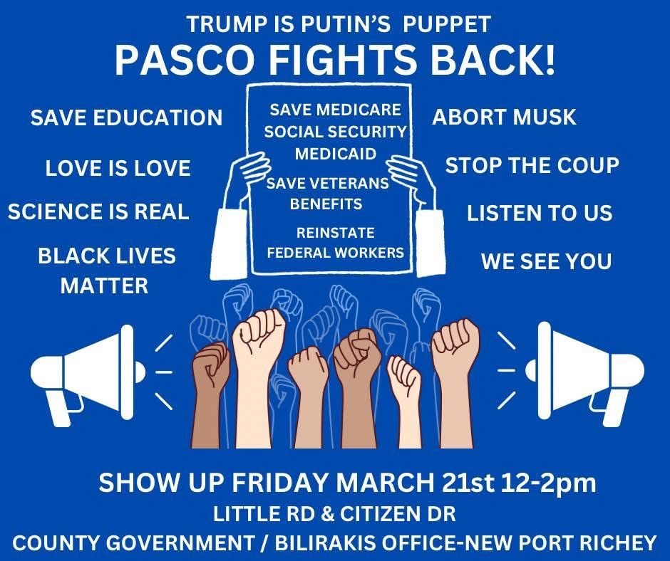 pascodems's tweet photo. There will be a peaceful gathering outside Rep Gus Bilirakis New Port Richey office (Little Rd and Citizen Dr) this Friday March 21 12-2p to let him know we are here and we aren't going away . Let's  denounce the Trump/Musk annihilation of the Federal Government. https://t.co/LS0jVrvSFx