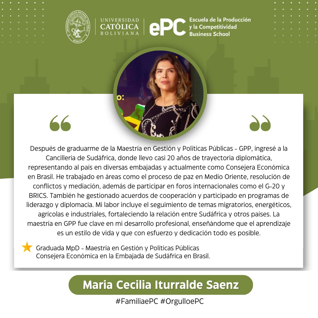ePC_UCB's tweet image. 🎓 Hoy queremos resaltar la trayectoria de María Cecilia Iturralde Saenz, graduada de la Maestría en Gestión y Políticas Públicas (GPP) de MpD.

📢 ¡Nos llena de orgullo ver a nuestros graduados dejando huella en el mundo diplomático y económico!

#OrgulloePC #FamiliaePC
