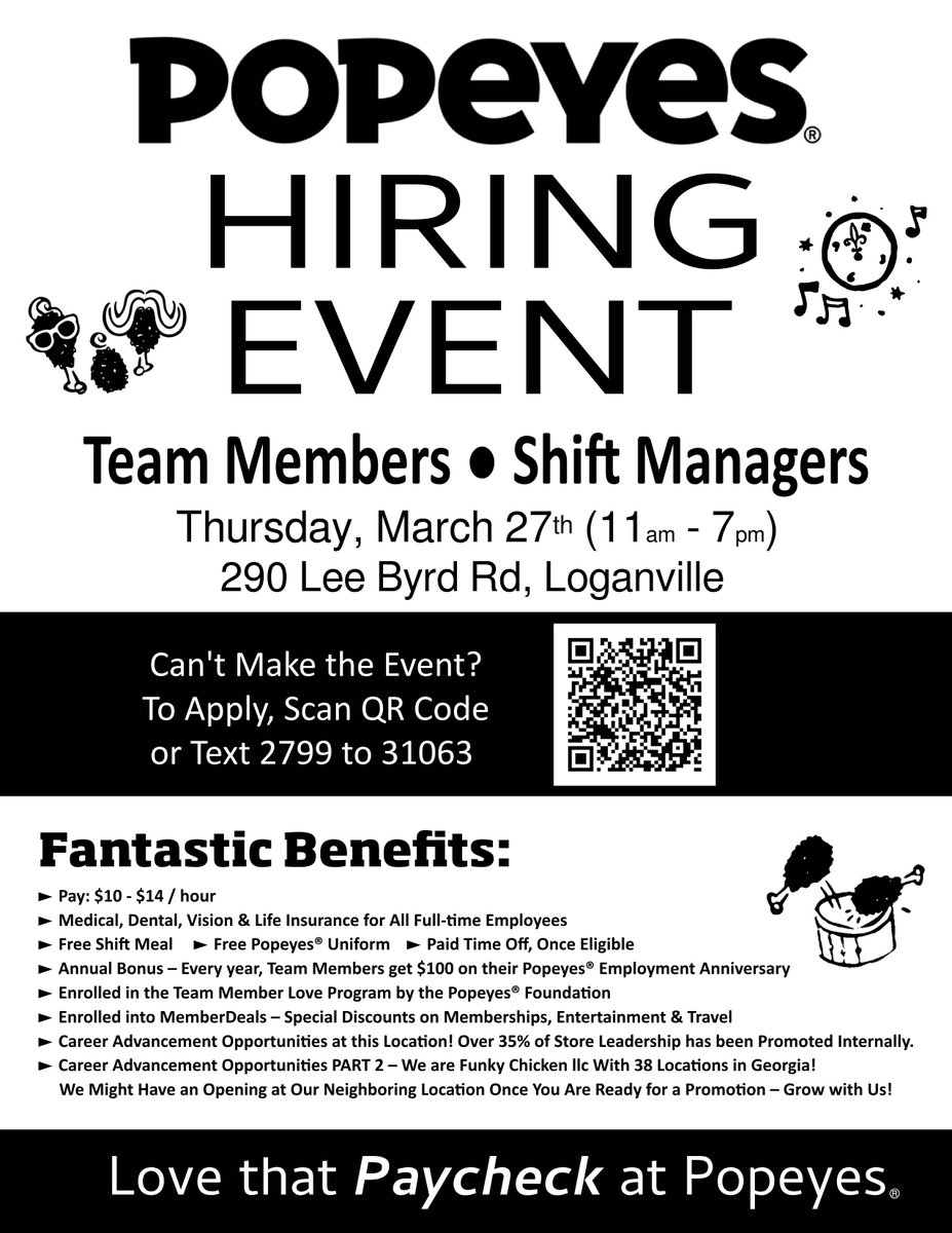 FunkyChickenATL's tweet image. 🚨 Join the Popeyes Family!  Join us for a Hiring event in Loganville Ga.   Loganville:  Located at 290 Lee Byrd Road #loganvilleGa #LoganvilleGaJobs #popeyes