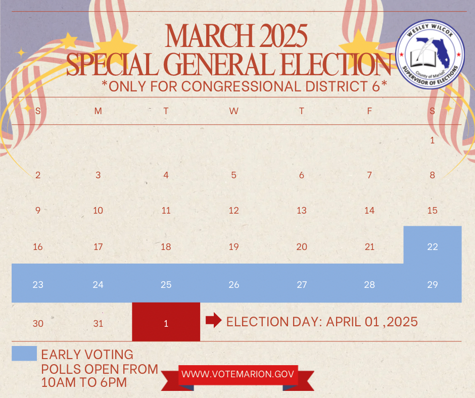📍Early Voting for the 2025 Special General Election starts this Saturday March 22! 

Early Voting Locations open 10am to 6pm:
Marion County Election Center, Belleview Public Library, Forest Public Library, Shores Community Center, and Villages Mulberry Center.