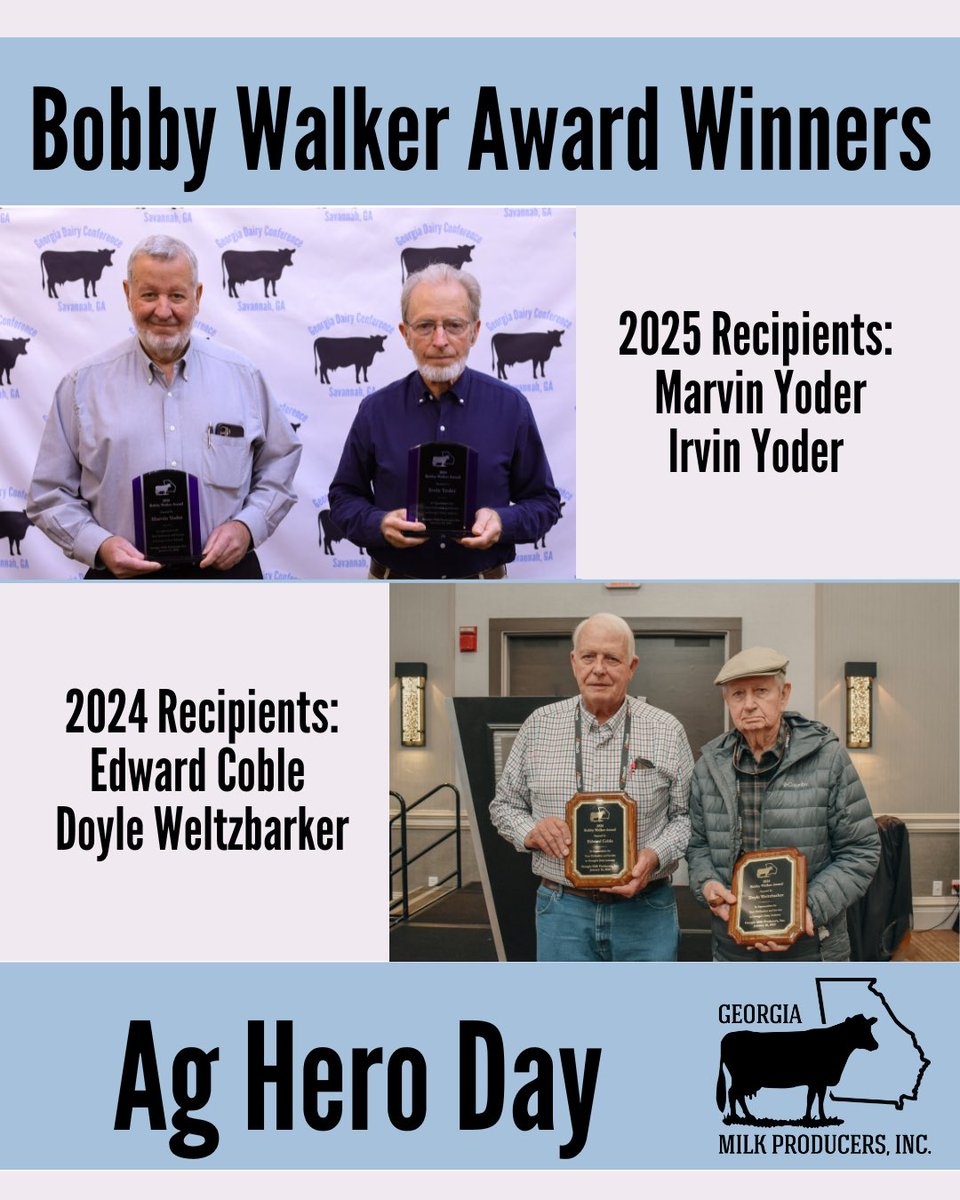 GaMilkProducers's tweet photo. Wednesday of Ag Week is #aghero day! Each year at the Georgia Dairy Conference, GMP present the Bobby Walker Award to an outstanding individual who has had a profound impact on the industry. These men and women are heroes in the Georgia dairy industry! #agweek #aghero #gamilk https://t.co/JcmOBWO0E1