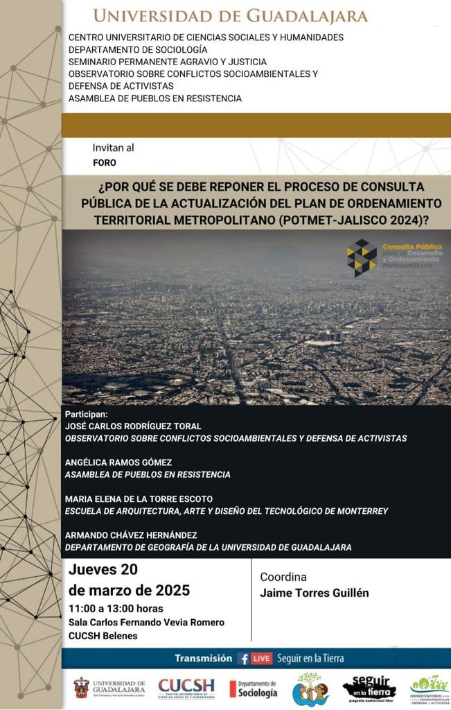 "¿Por qué se debe reponer el proceso de consulta pública del #POTMET?". 

Hablaremos sobre los riesgos que implica este instrumento en temas de uso del suelo, infraestructura, medio ambiente, crecimiento urbano y la planificación del sacrificio de nuestros territorios.