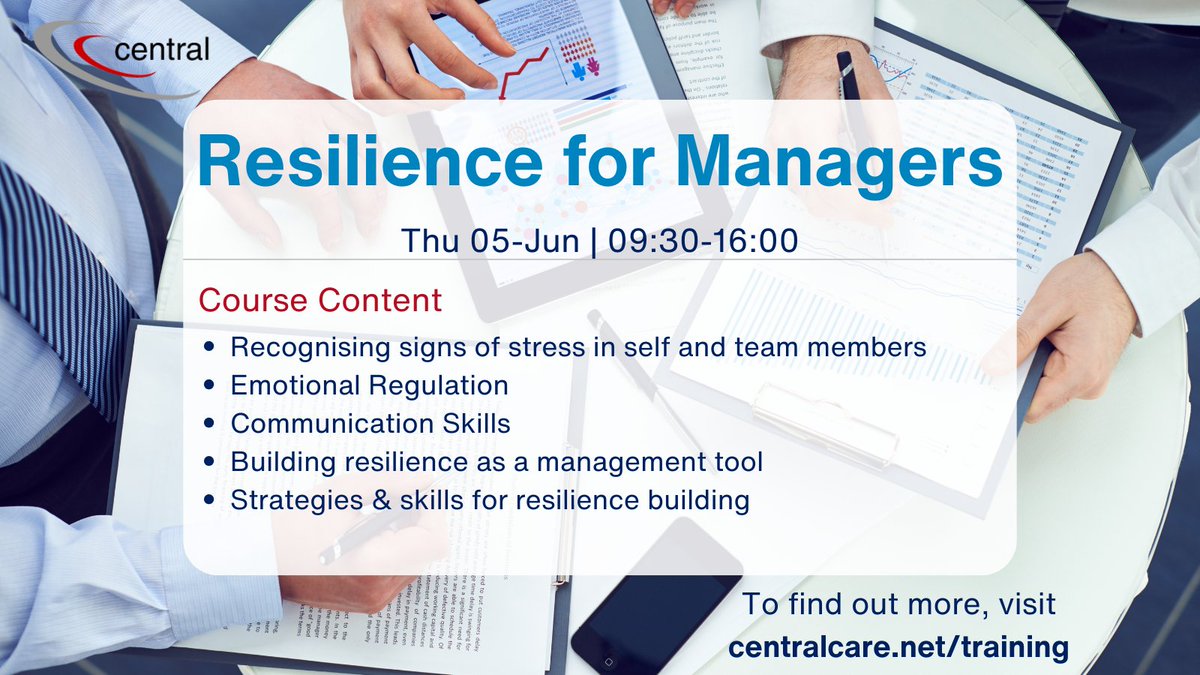 CentralCare's tweet image. @CentralCare’s Resilience for Managers course is designed to equip delegates with the tools to develop resilience in their roles as managers. Book your space today!
#virtuallearning #training #opencourse
centralcare.net/training/open-…