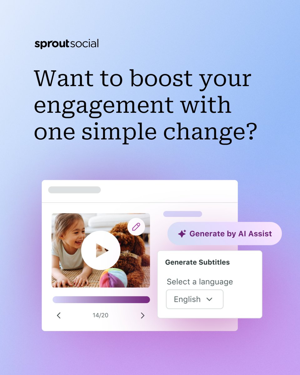 dashoftu's tweet image. Subtitles = higher engagement, better retention and more accessible content

Now, Generate Subtitles by AI Assist in @SproutSocial makes adding them effortless—no extra tools, no headaches. Just click, edit, and publish: support.sproutsocial.com/hc/en-us/artic…