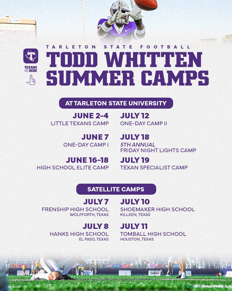 We will be hosting 10 camps between June and July 👀 don’t miss the chance to learn from the best and show us what you got!

Story: tinyurl.com/4vu3tpca
Register: tarletonfootballcamps.com