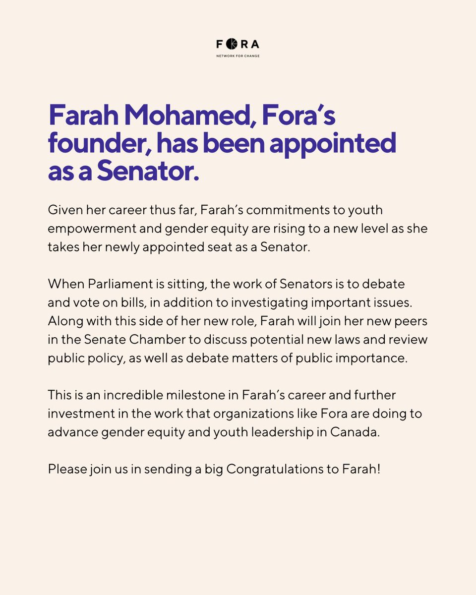 We want to take a moment to celebrate the incredible accomplishment of Fora's founder, Farah Mohamed, who has been appointed a Senator by the Right Honourable Mary Simon, Governor General of Canada.

Please join is in celebrating this incredible milestone for Farah 🎉.