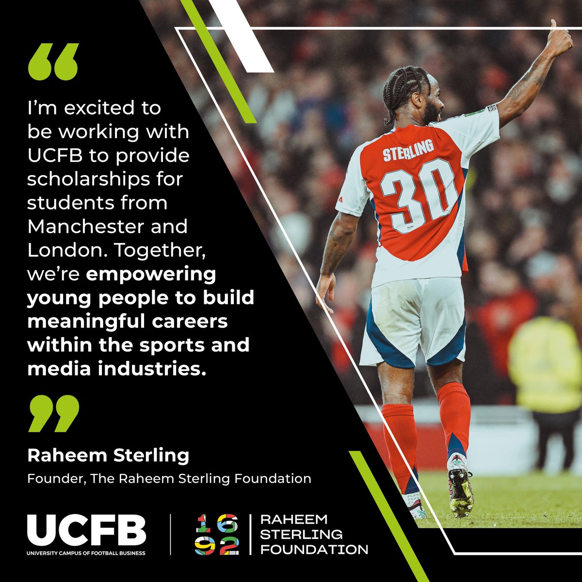 There’s still time to apply for one of two Raheem Sterling Foundation Scholarship places with <a href="/ucfbuk/">Follow @UCFB</a> in Manchester and London 🎓 

Applications close on July 1st 2025.  

For more information and to apply 👇

bit.ly/UCFBScholarshi… 

#footballbusiness #education #raheemsterling