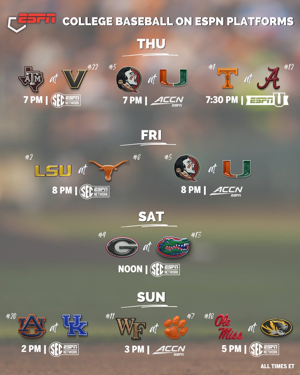 ESPN PR (@espnpr) on Twitter photo This week, <a href="/NCAABaseball/">NCAA Baseball</a> action heats up across ESPN platforms with 9 linear games ⚾️ This week, <a href="/NCAABaseball/">NCAA Baseball</a> action heats up across ESPN platforms with 9 linear games ⚾️