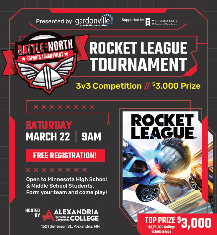 MN middle school/high school Rocket League players wanted!! We are hosting the Battle in the North eSports Tournament THIS WEEKEND and there are still spots open! $5K prize pool + scholarships! Register a team of 3 by 6pm on Friday, March 21: docs.google.com/forms/d/e/1FAI…