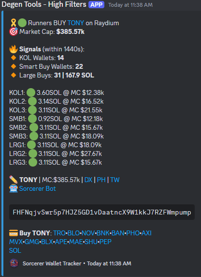 Running now - HIGH FILTERS ALERT‼️‼️‼️
CA FHFNqjvSwr5p7HJZ5GD1vDaatncX9W1kkJ7RZFWmpump
First Alert at 385k

In your opinion --&gt; Dust or MOON?
2x for now - Will you risk off and leave moon bag?
14 KOLS in
22 Smart Buys in