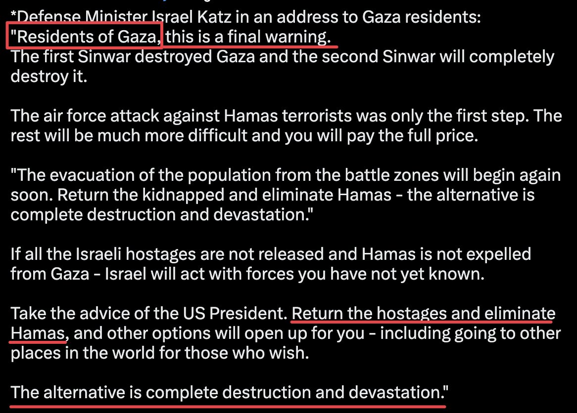 receipts_lol's tweet photo. Israel Katz, the Defense Minister the ICC has yet to issue an arrest warrant for, is demanding civilians overthrow Hamas, or face complete destruction.

Pure collective punishment, without even a pretense.

CC: @KarimKhanQC and @kevinjonheller https://t.co/mqWxd5FNE2