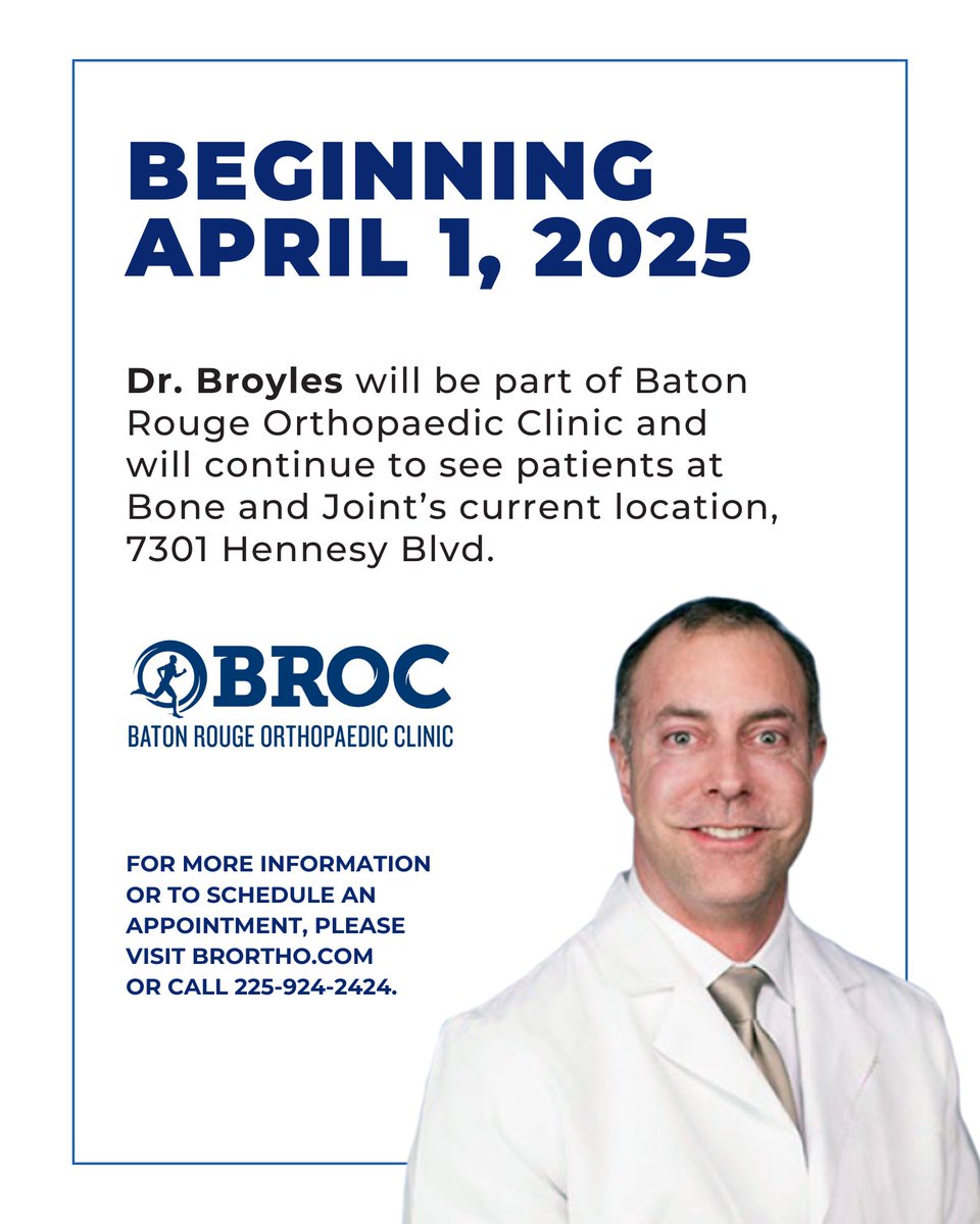 boneandjointbr's tweet photo. Continue receiving expert orthopedic care from Dr. Broyles at his current location on Hennessy Blvd. https://t.co/fzGT4CO7Tv