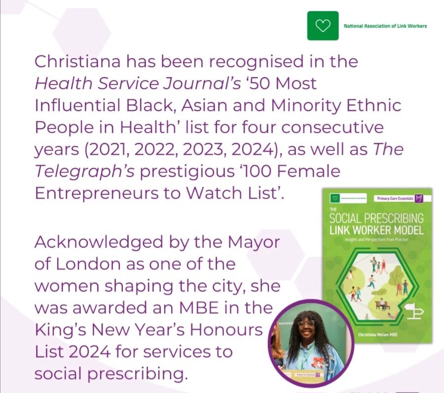 nalwuk's tweet photo. Today #socialprescribingday is an opportunity to grab your copy of our go to book for #socialprescribing #linkworkermodel authored by multiple award winning @Christy_Melam
πMBE
πHon(MFPH) Distinction
πHealth Service Journal x4
@classprofession https://t.co/8m8kl8a16s https://t.co/LLAgwZj699