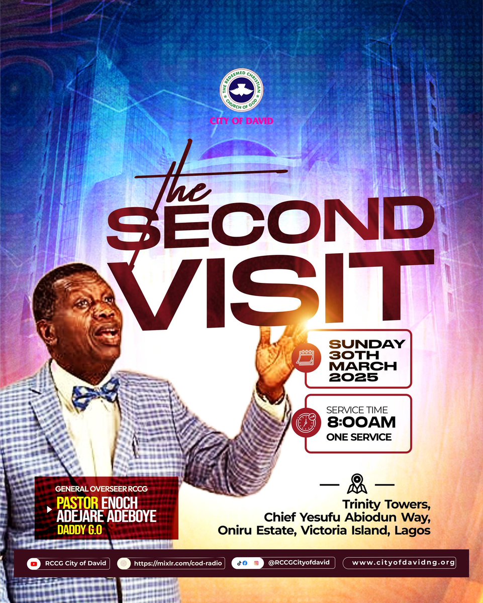 RCCG City of David (@rccgcityofdavid) on Twitter photo πππ ππππππ πππππ β A DIVINE APPOINTMENT YOU CANNOT MISS!
When God visits, destinies are transformed, yokes are broken, and lives are elevated. Are you ready for your divine encounter?
Join us on Sunday, πππ«ππ‘ ππππ‘, ππππ, at 8:00 AM as Pastor Enoch πππ ππππππ πππππ β A DIVINE APPOINTMENT YOU CANNOT MISS!
When God visits, destinies are transformed, yokes are broken, and lives are elevated. Are you ready for your divine encounter?
Join us on Sunday, πππ«ππ‘ ππππ‘, ππππ, at 8:00 AM as Pastor Enoch
