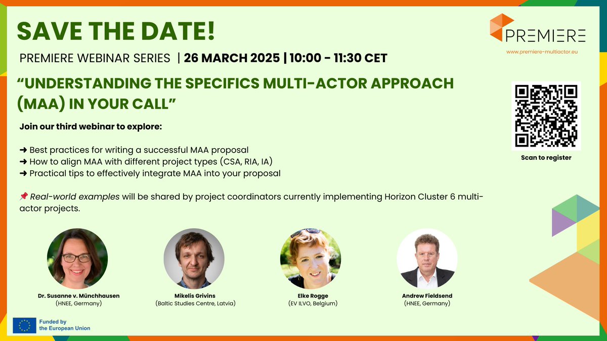 CIHEAMZaragoza's tweet photo. 📢 Don't miss this skills-building webinar by @premiere_eu
✅Learn how to effectively integrate the multi-actor approach (MAA) into your #HorizonEurope proposal
🗓️26 March, 10:00 CET
All details🔗https://t.co/9sNUOwAXdL
#MultiActorProjects https://t.co/4rCyATwCkx