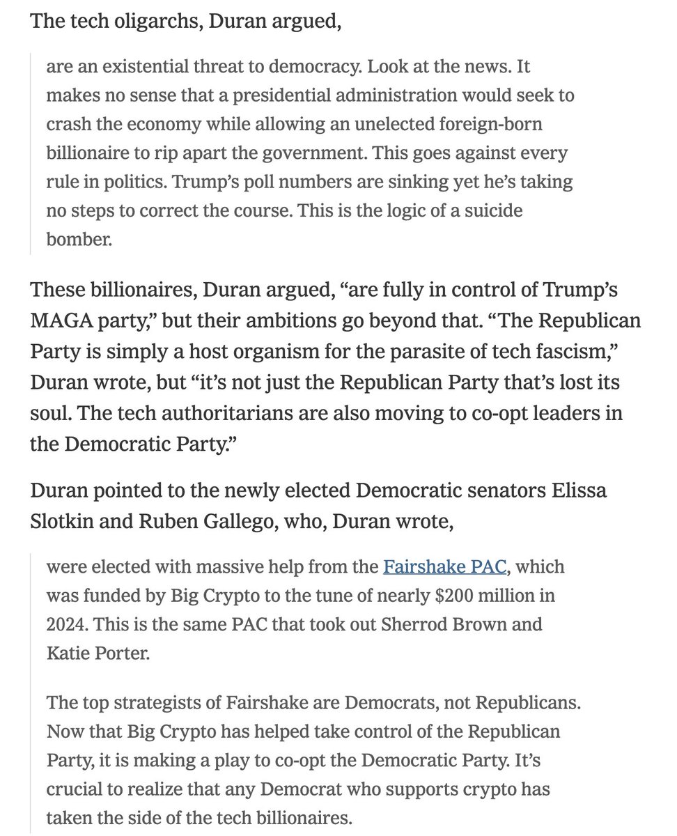 gil duran is on bluesky (@gilduran76) on Twitter photo -The tech oligarchs are an existential threat to democracy.
-Trump follows the logic of a suicide bomber.
-Any Democrat who supports crypto is on the side of the tech billionaires.
All this and MORE in my interview in the New York Times: -The tech oligarchs are an existential threat to democracy.
-Trump follows the logic of a suicide bomber.
-Any Democrat who supports crypto is on the side of the tech billionaires.
All this and MORE in my interview in the New York Times: