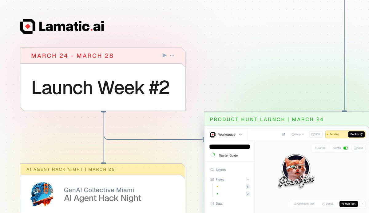 lamatic_ai's tweet image. We’re hosting the first-ever AI Agent Hack Night as part of Lamatic.ai Launch Week!
🏝️ Build, compete & innovate.
📍 Miami | March 27 → lu.ma/miami-ai-agent…
We’re launching on Product Hunt! 🚀
Follow us → dub.sh/lamatic-launch…
#AI #Hackathon #Lamatic