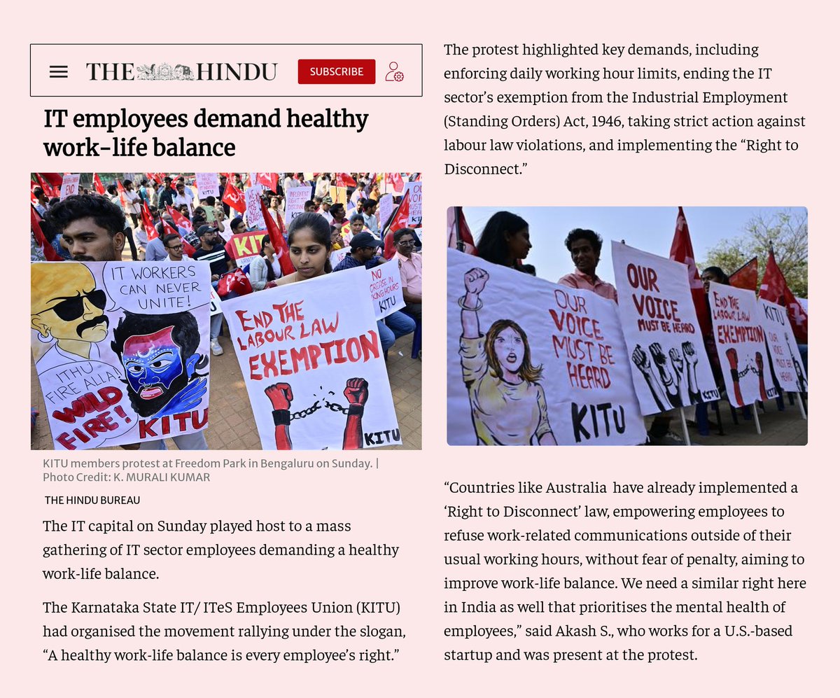 kitu_hq's tweet photo. 'The Hindu' reports on the mass gathering of IT employees in Bangalore, organized by the Karnataka State IT/ITeS Employees Union (KITU), demanding a healthy work-life balance.
 #WorkLifeBalance https://t.co/TW7Y9QQo5T